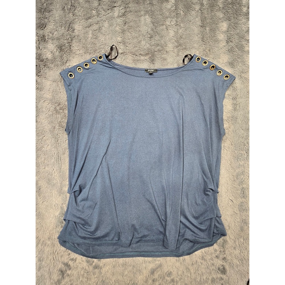 AUW Womens 1X Blue Grommet Shoulder Ruched Side Short Sleeve Blouse Top